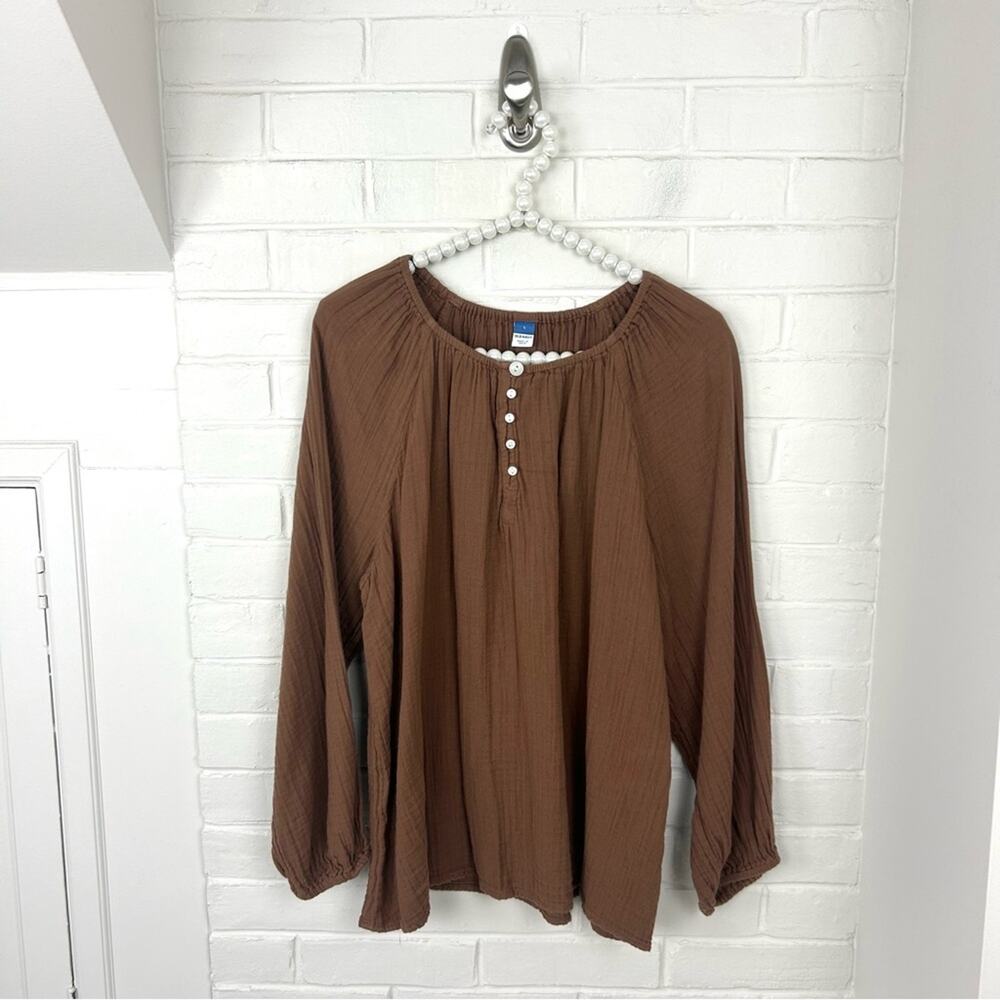 Old Navy Brown Gauzy Cotton Button Peasant Top Size L